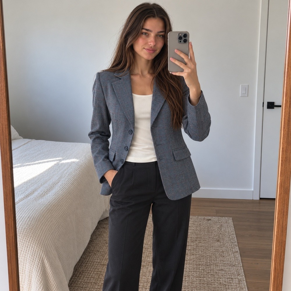 United Colors of Benetton Womens IT 40 Gray Plaid Wool Blazer Preppy Made Italy